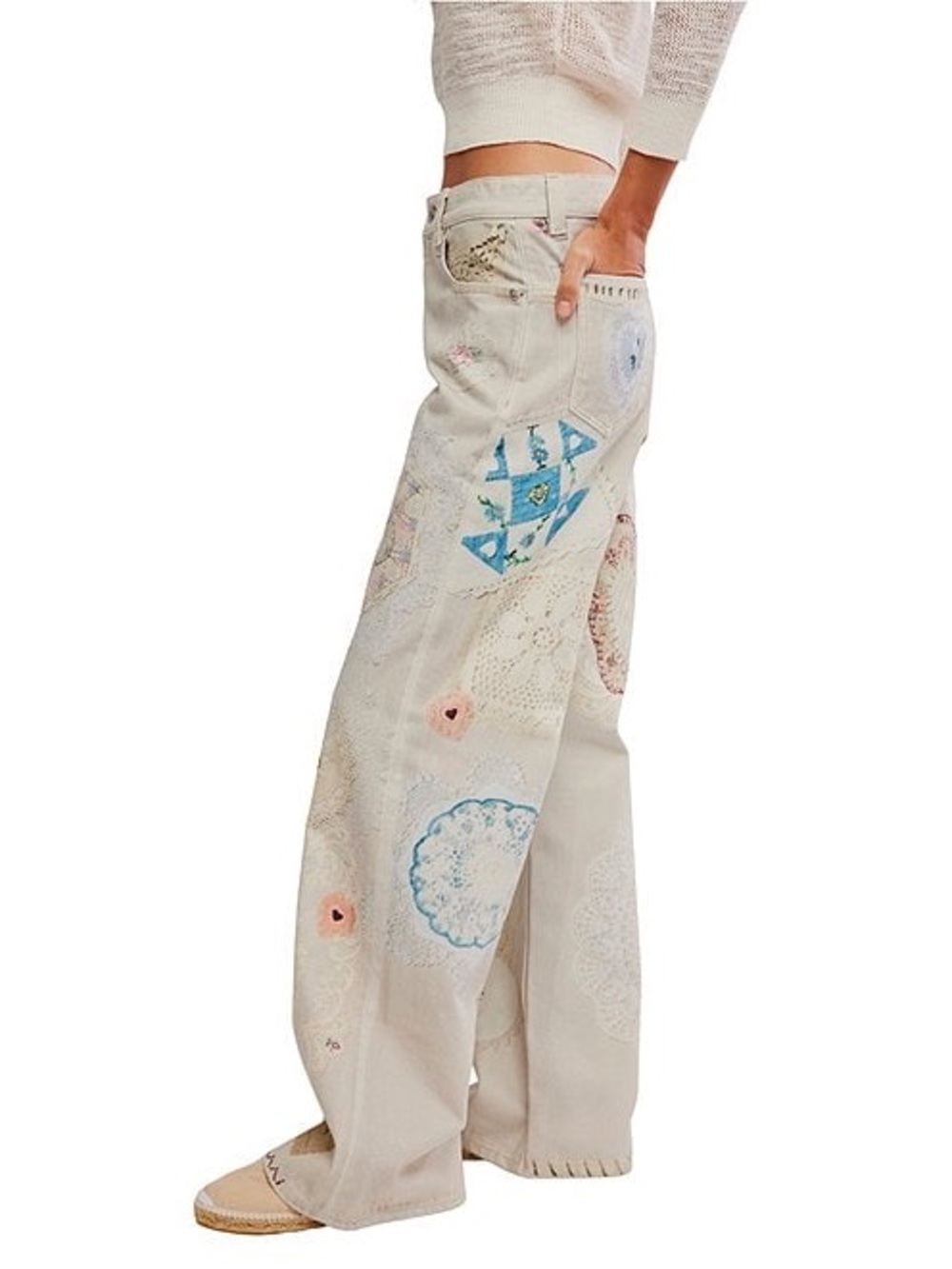 Free People Cream Straight-Leg Heart Patch Jeans - Picture 3 of 12